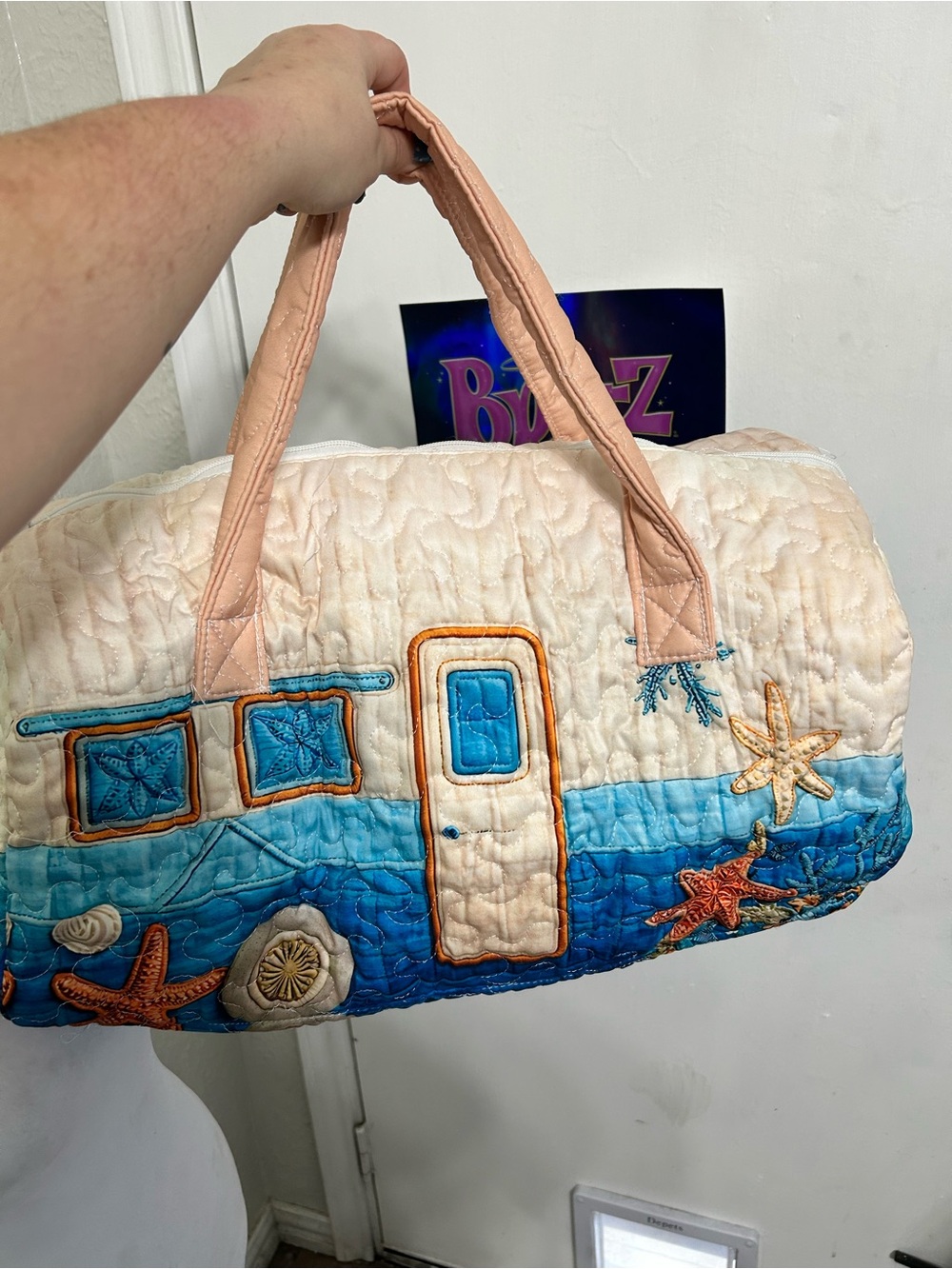 Quilted Beach-Themed Duffel Bag in Peach and Blue
